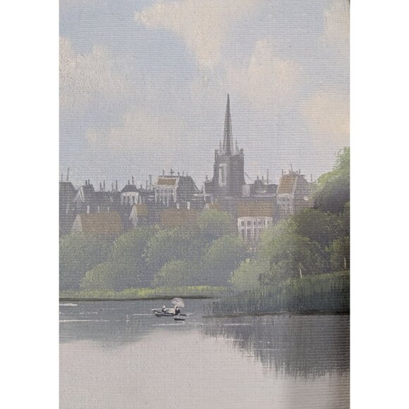 Signed Acrylic Canvas Painting River Salzburg Ladies in Boats unframed - Picture 2 of 11